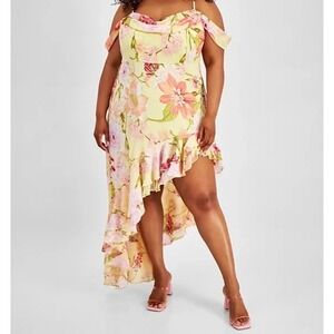 City Studios Trendy Asymmetric Cold-Shoulder Dress Yellow/ Pink Size 3X